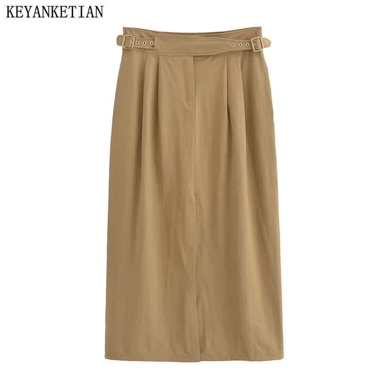 KEYANKETIAN 2024 New Launch Women's Cross Buckle Design Skirt Zipper High waist Pleated Pockets Slim Split A-line MIDI Skirt