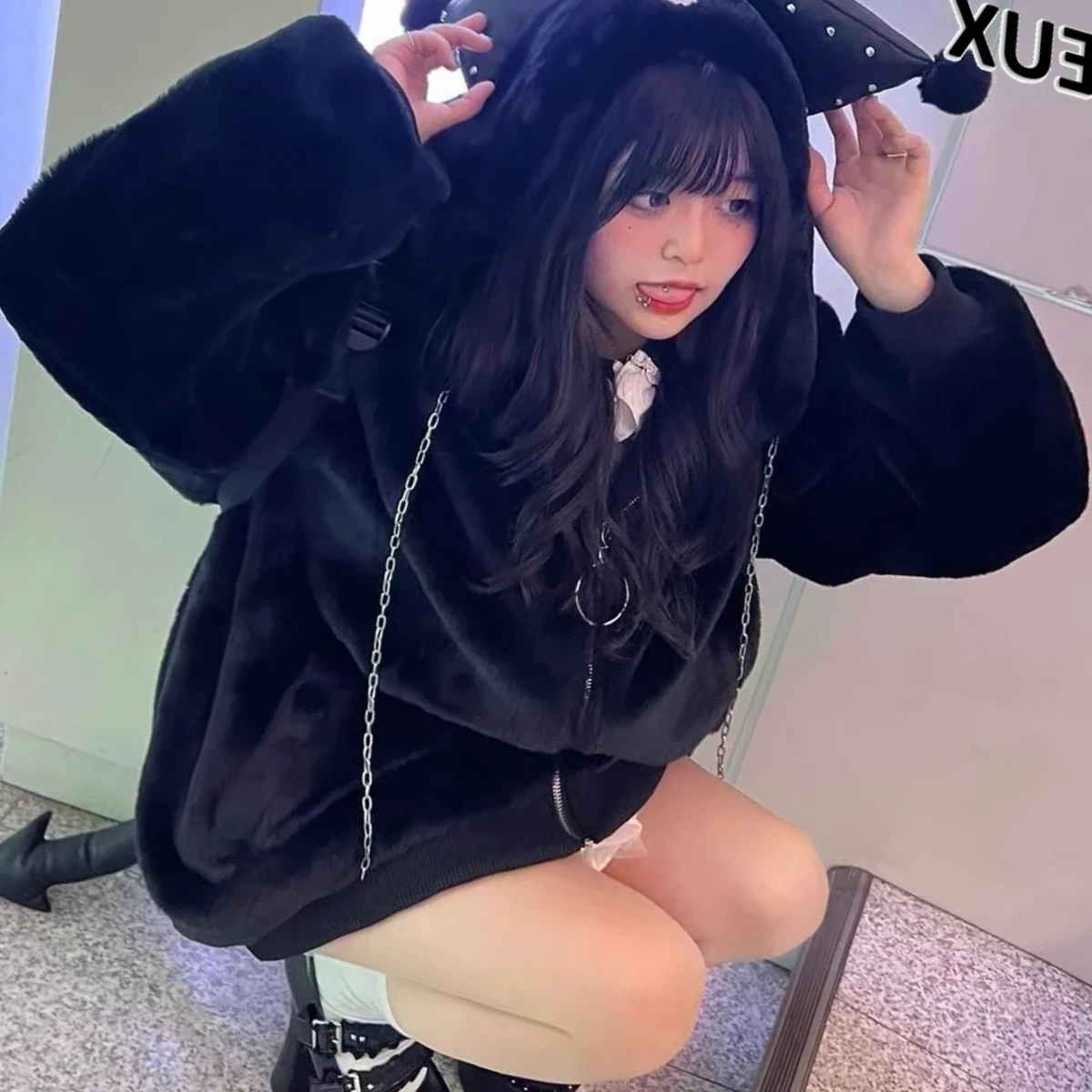 

Autumn and Winter New Japanese Harajuku Mine Plush Zipper Jacket Fluffy Sweet Cute Women's Thickened Sweatshirt Hooded Coat