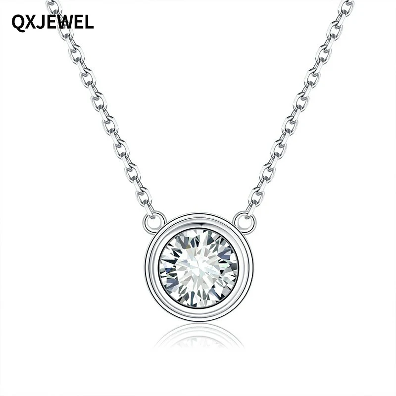 

QXJEWEL 925 Silver Moissanite Necklace Round Brilliant Cut D Color 0.5ct 1ct Pendant Bezel Setting Gift For Women