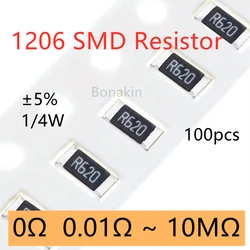 100pcs 1206 5% SMD Resistor 0R 1 ohm 2Ω 3.3R 10R 15R 20R 22R 39R 47R 100R 120R 200R300R 1K 2K 4.7K 5.1K 10K 47K 100K 200K 1M 10M