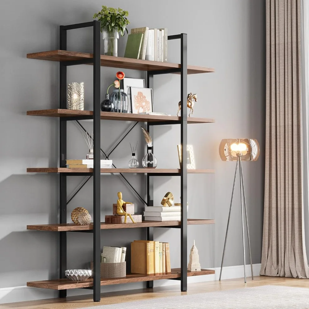 5-Tier Bookshelf, Vintage Industrial Style Bookcase 72 H x 12 W x 47L Inches (Retro Brown),72” high x 12” widex 47” long