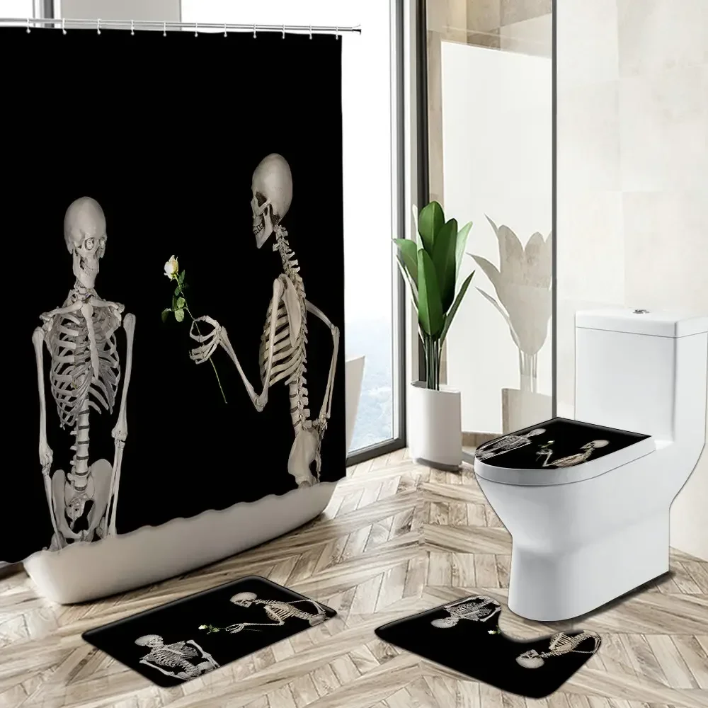 Skull Couple Shower Curtain Love Rose Black Background Creative Design Home Decor Non-Slip Rug Toilet Cover Bath Mat Set Gift