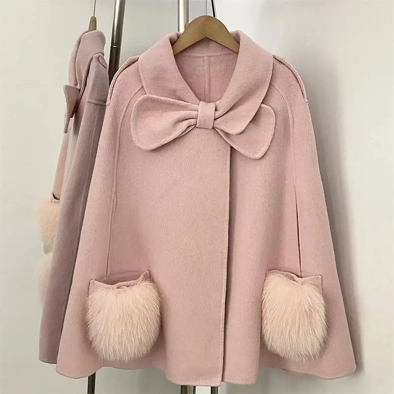 

2025 Autumn/Winter New Arrival: Elegant Fox Fur Shawl, High-Quality Luxurious Cape, Fashionable Double-Sided Wool Coat For Women