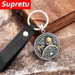 Punk Viking Rune Spartan Warrior Helmet Keychain Norse Pirates Axe Shield Pendant Men Gold Color Stainless Steel Keyring Jewelry