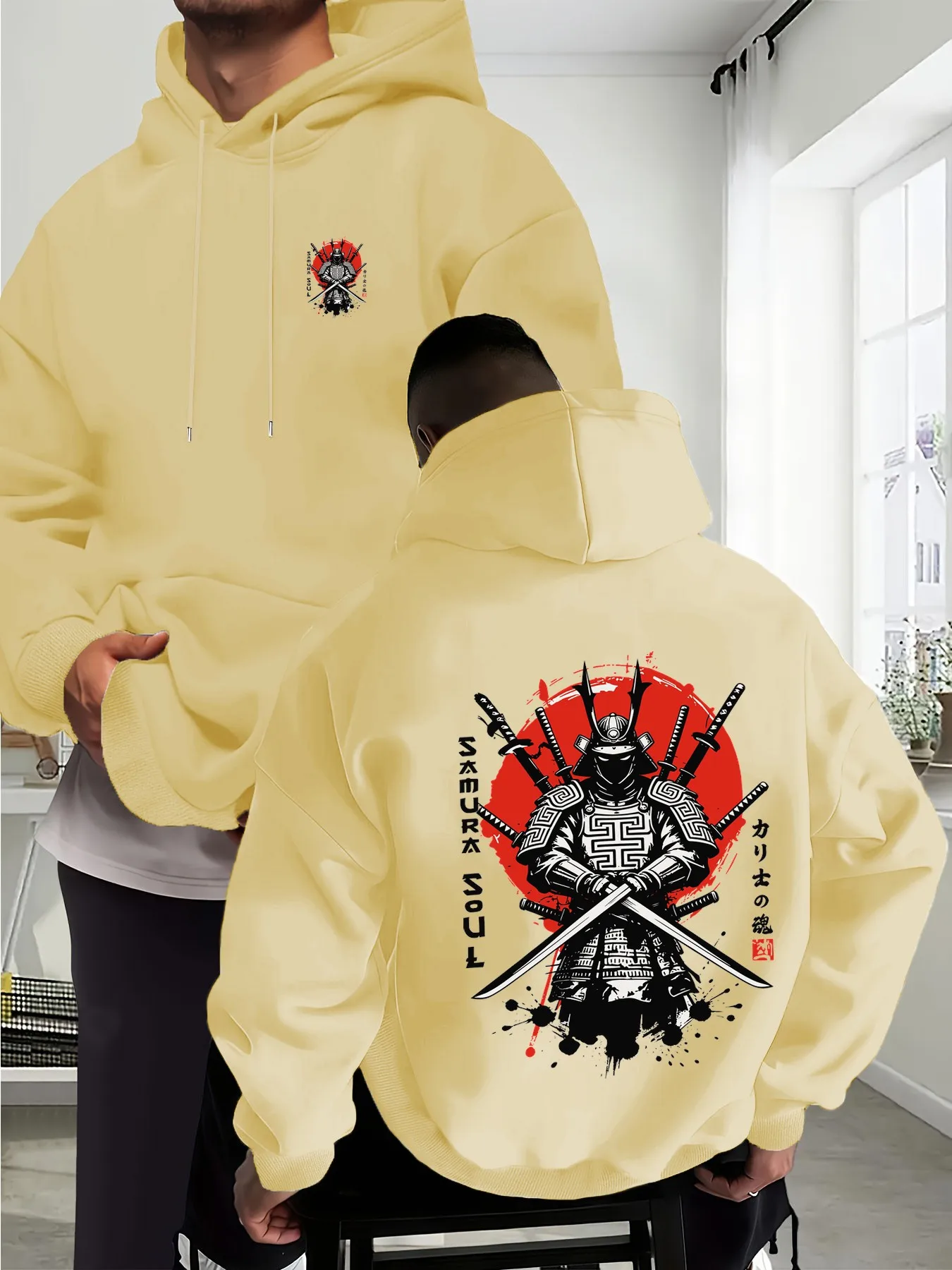 Men's Warm Winter and Autumn Hooded Sweatshirt with Japanese Samurai Print - Trendy and Fashionable for Outdoor Sports Wearing.