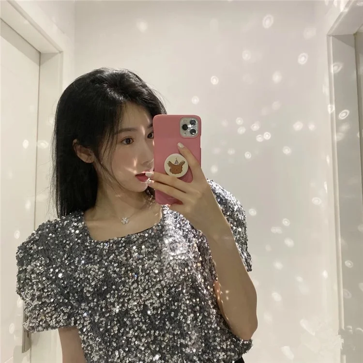 

Летний топ 2023 с блестящими пайетками, квадратным вырезом и рукавами-фонариками, свободный, стройнящий, женский, модный тренд