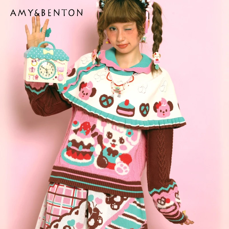 

Осень-зима 2022, новый розовый милый женский пуловер с животным принтом, оригинальный винтажный дизайн, вязаный плащ, свитер, комплект из двух предметов, женский