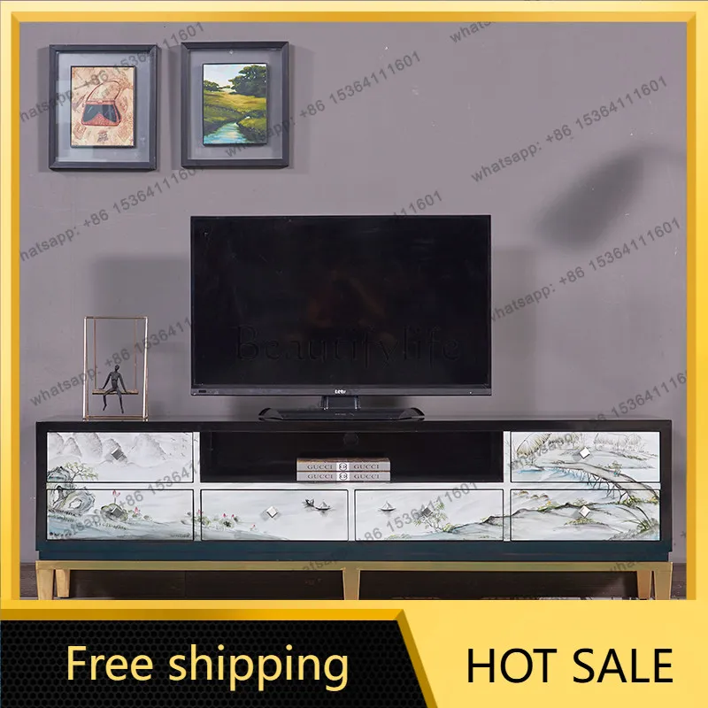 FG New Chinese Solid Wood Metal Plated Floor Cabinet Postmodern Painted TV Cabinet Combination Set