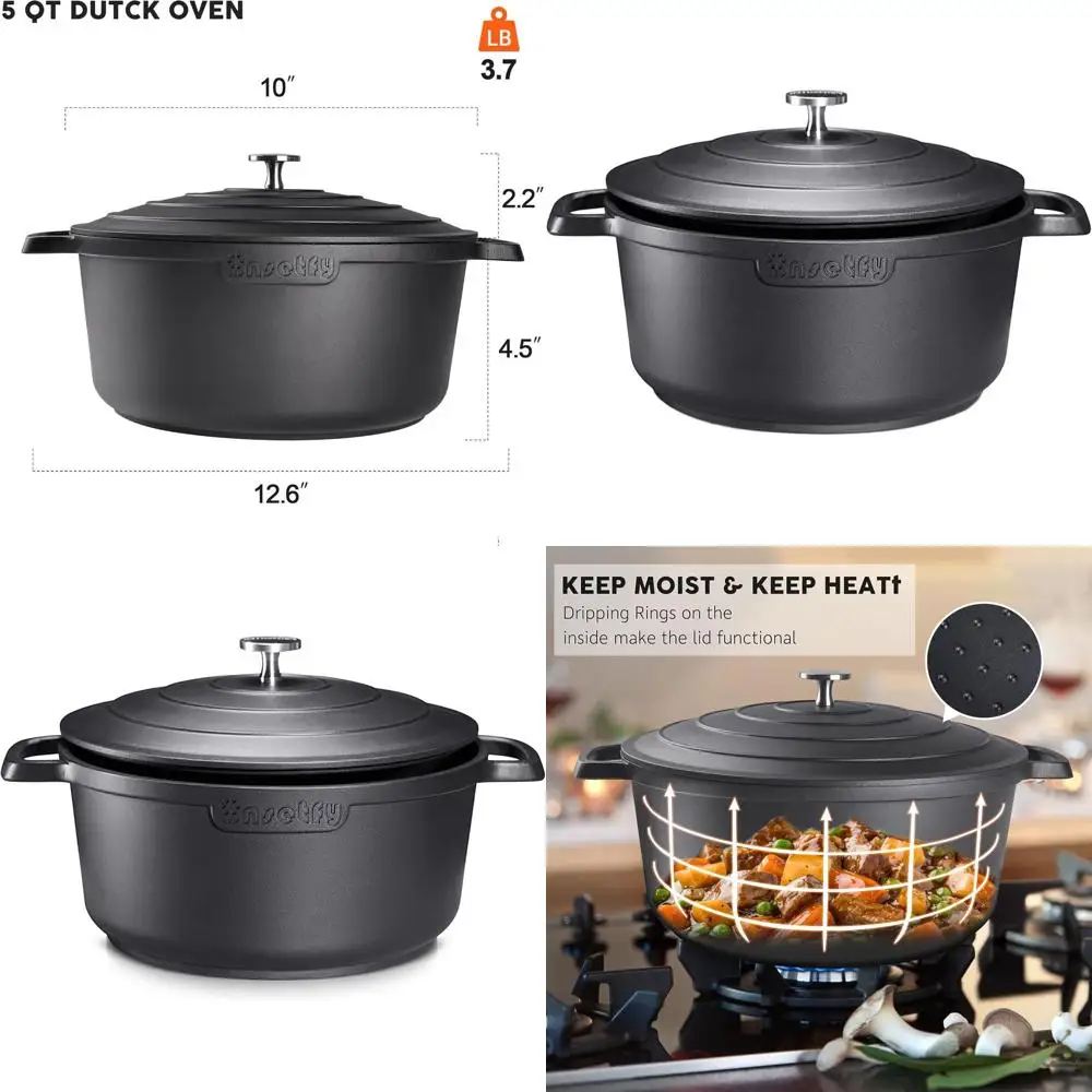 

5-литровая чугунная кастрюля с антипригарным покрытием, крышкой и двумя ручками для тушения, жарки и выпечки (черная)