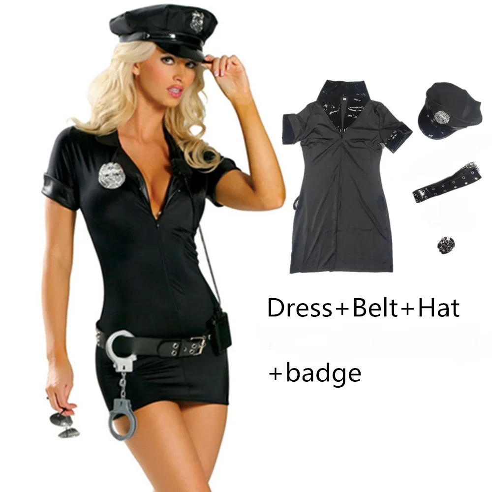 Halloween Cosplay Black Blue Sexy Cop Officer Outfit Policewoman Costume Suit Uniform For Adult Women Police Fancy Dress