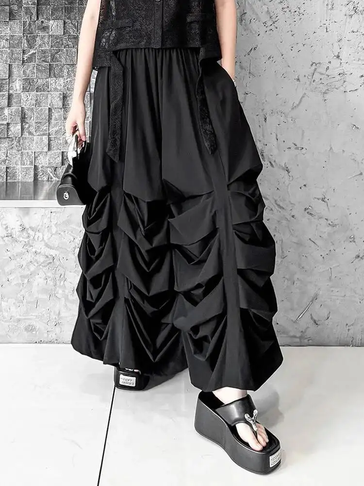 

High Elastic Waist Black Pleated Spliced Casual A-line Half-body Skirt Women Fashion Tide New Spring Autumn