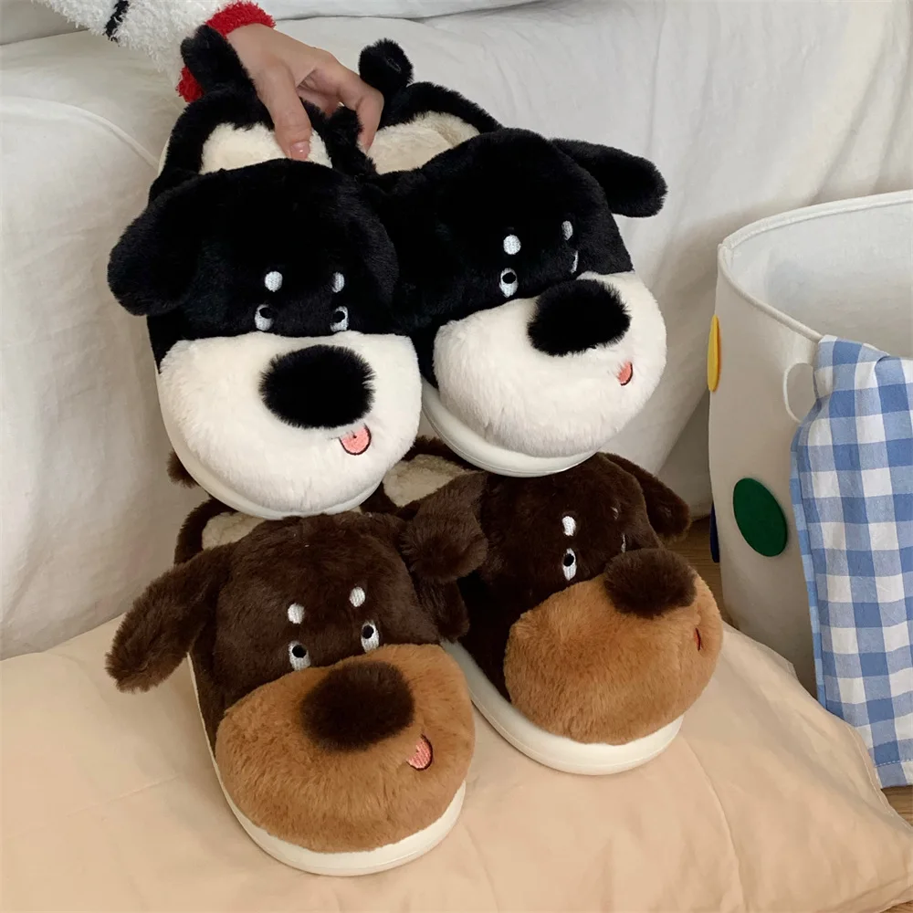 Cartoon Dog Slipper for Women Winter Indoor Couple Warm Faux Fur Shoes Flip Flops Cute Animals Plush Platform MenHome Slippers