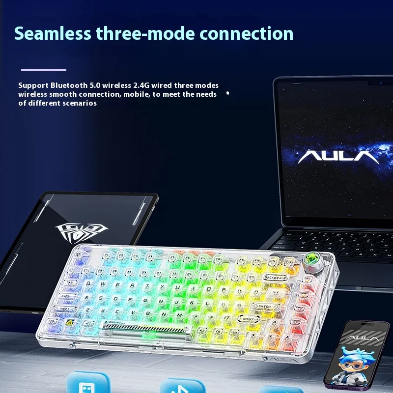 Aula F81 Game Mechanical Keyboard Three Mode Mute RGB Customization Wireless Bluetooth 80 Key Office Mechanical Keyboard Gift