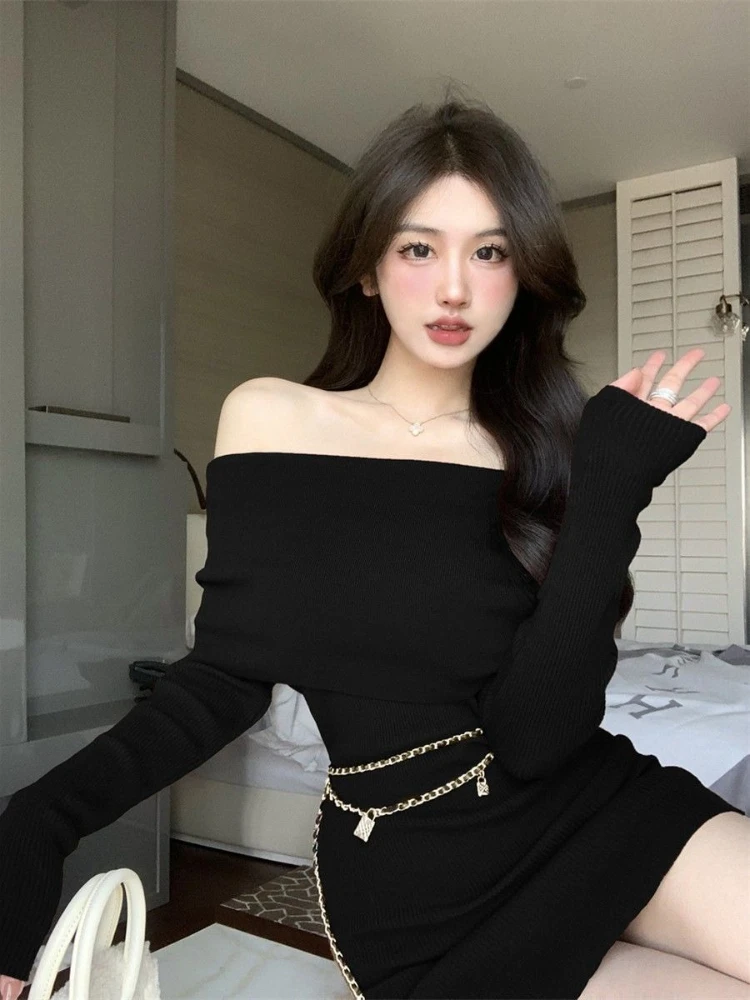 Rajstopy Damskie Sukienka Dzianinowa Obcisła Spódnica Wyszczuplająca Talia Jedno Ramię Elegancka Luksusowa Bawełniana Modna Sukienka Y2k Szydełkowe Sukienki dla Kobiet