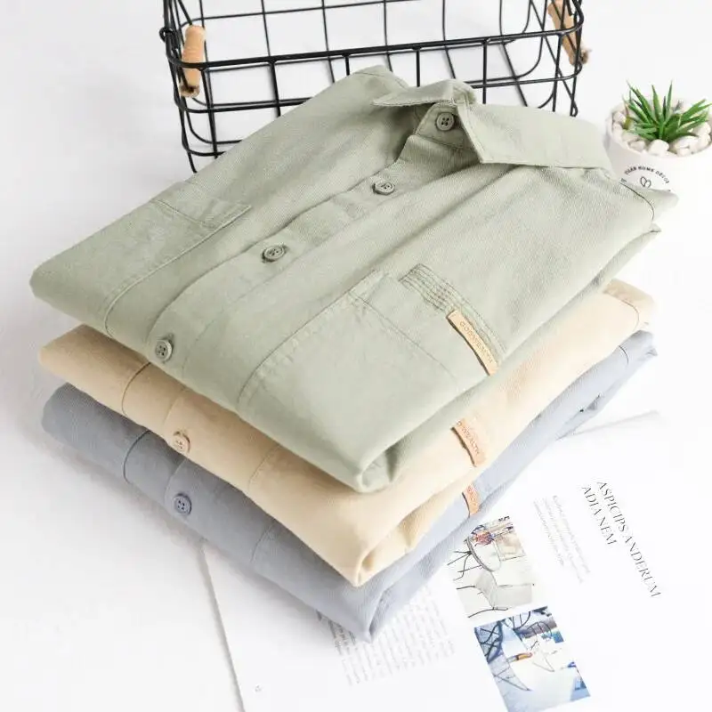 

Men's Spring Autumn Long Sleeve Work Shirt Casual Loose Fit Retro Solid Color Chest Pocket Simple Button Dress Tops Shirts