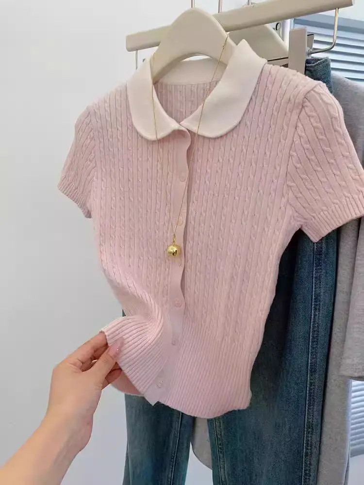 

Sweet Knitted Short Sleeve Cardigan Slimming Base Layer Shirt Doll Collar Summer Soft T-Shirt Korean Style Commute Fashion