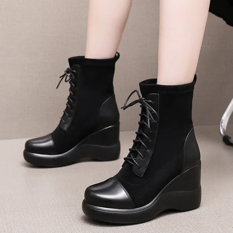 8cm Small Size 32-43 Flexible Frosted Leather Platform Wedges Shoes Ankle Boots 2024 High Heels Stretch Boots Women Office Mom