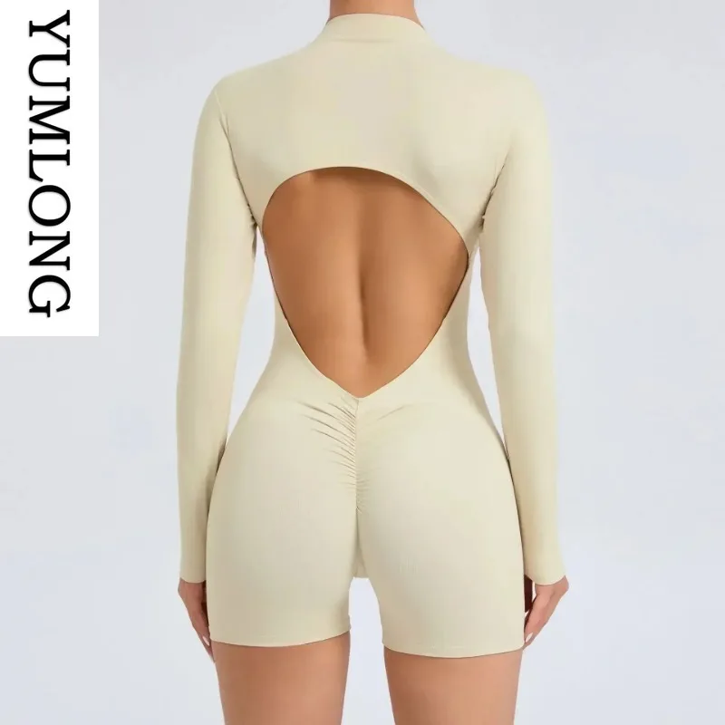 Womens Yoga Fitness Jumpsuits Zip-Up Backless Booty Lift Long Sleeve One Piece Activewear Outdoor Gym Workout Outfit 2025 NEW