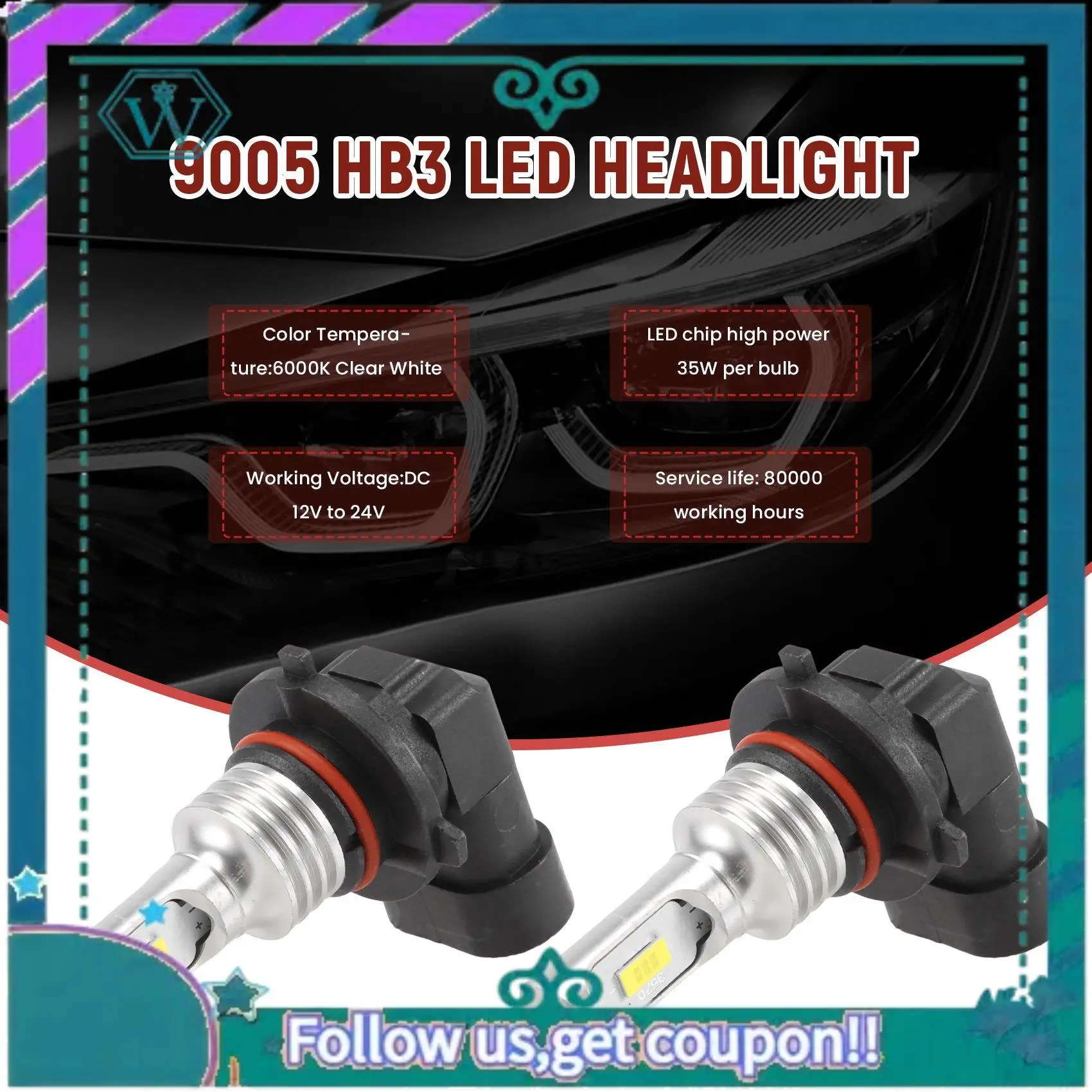 

AA92-9005 HB3 LED Headlight Bulbs Kit High- 35W 4000LM 6000K White High Power