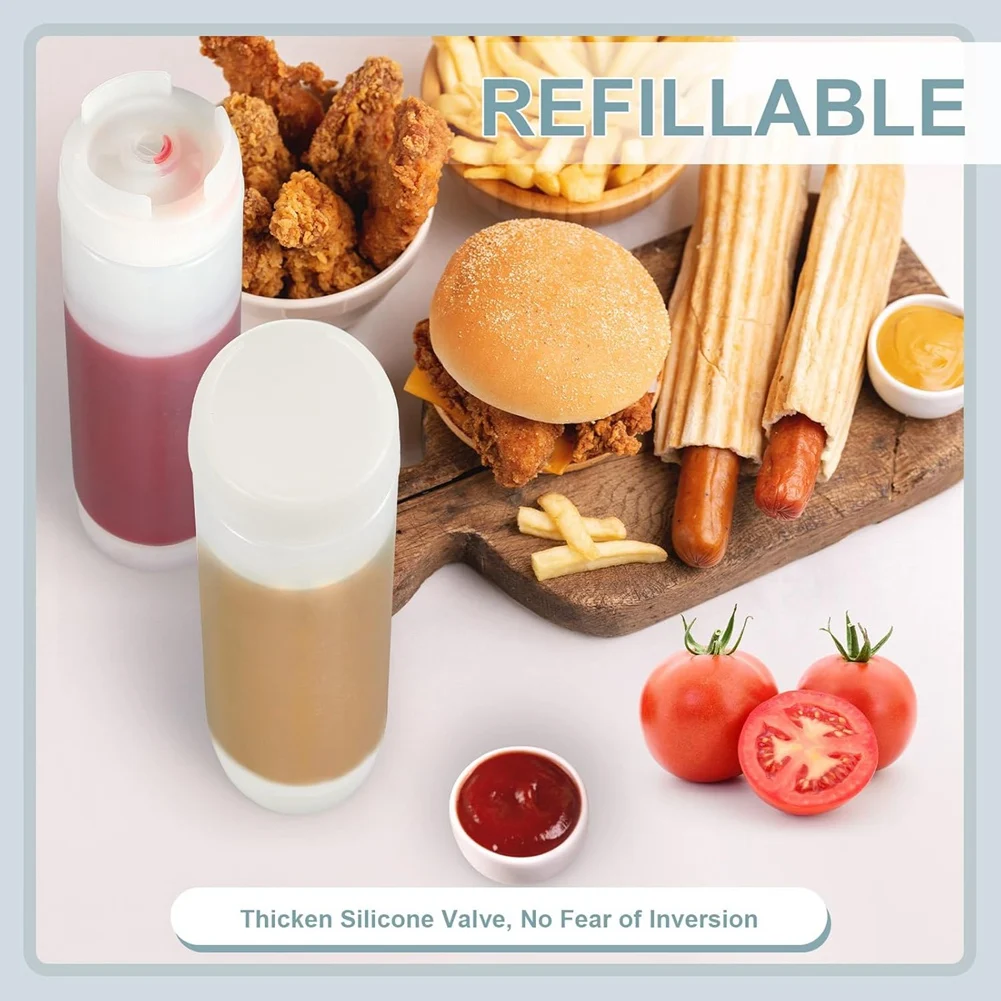 Novas garrafas plásticas invertidas do aperto de 6 pces 16 oz, garrafa de aperto do condimento do distribuidor da válvula grande da ponta recarregável para molhos