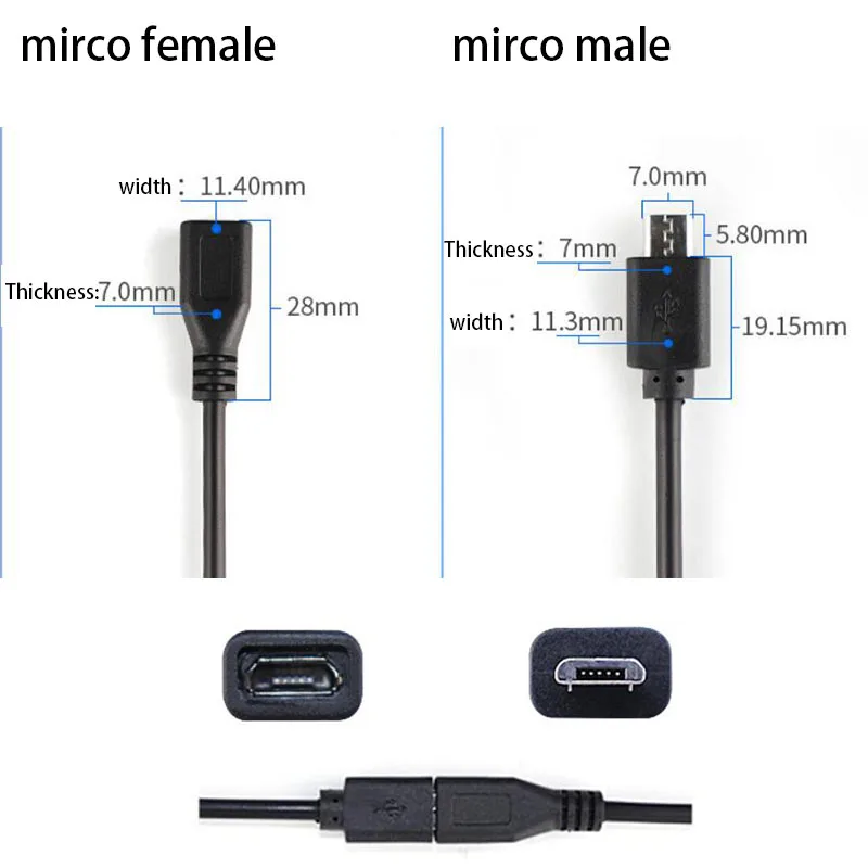 5pcs Micro USB 2.0 A Female Jack Android Interface 4 Pin 2 Pin Male Female Power Data Charge Cable Cord Connector 30CM