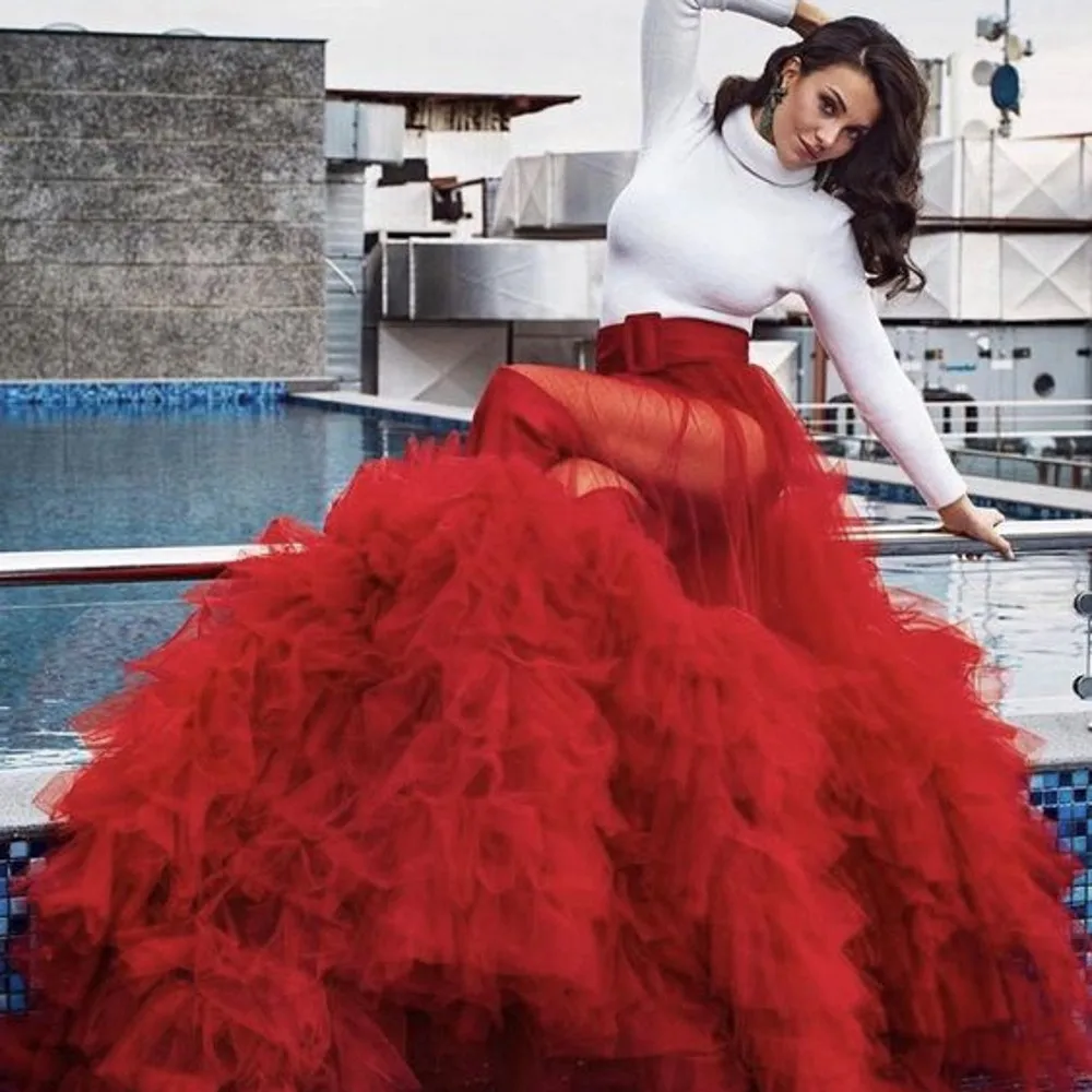 

Amazing Red See Thru Ruffles Trimed Long Tulle Skirts Puffy Layered Tutu Tulle Women Maxi Skirts Custom Made Bridal Skirt