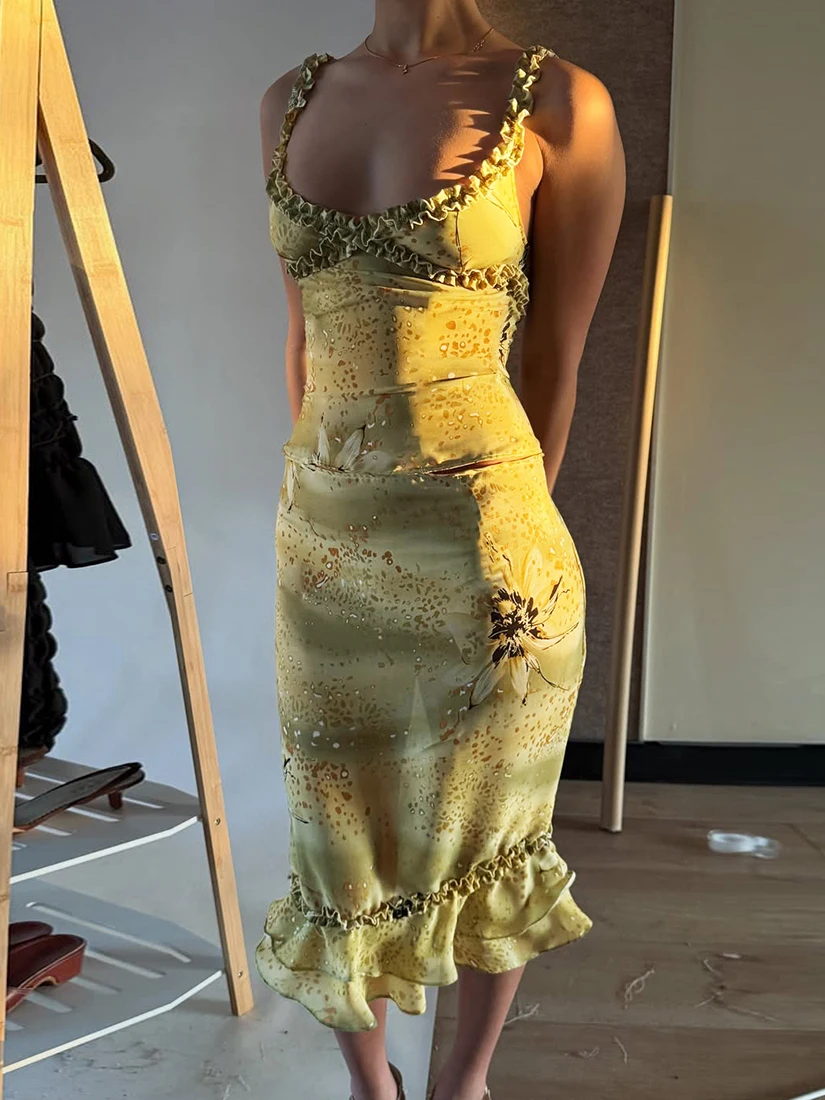 

Fresh Green Floral Print Dress Ruffle Trim Spaghetti Strap Midi Slip Dress Forest Aesthetic Cottagecore Sylvan Dream Vibe