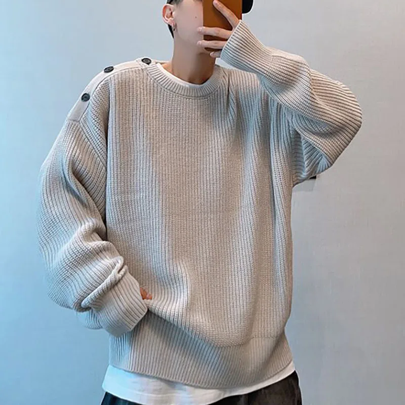 

Autumn Winter Men Loose O-Neck Sweater Korean Fashion Handsome Casual Warm Knit Sweater Male Thick Button Pullover Sweater