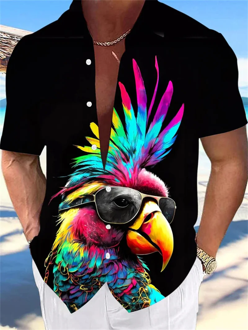 

Men's Fashion Cardigan 2025 Hawaiian Parrot 3D Printed Short Sleeve Shirt Large Loose Beach Wear Fashion New Product