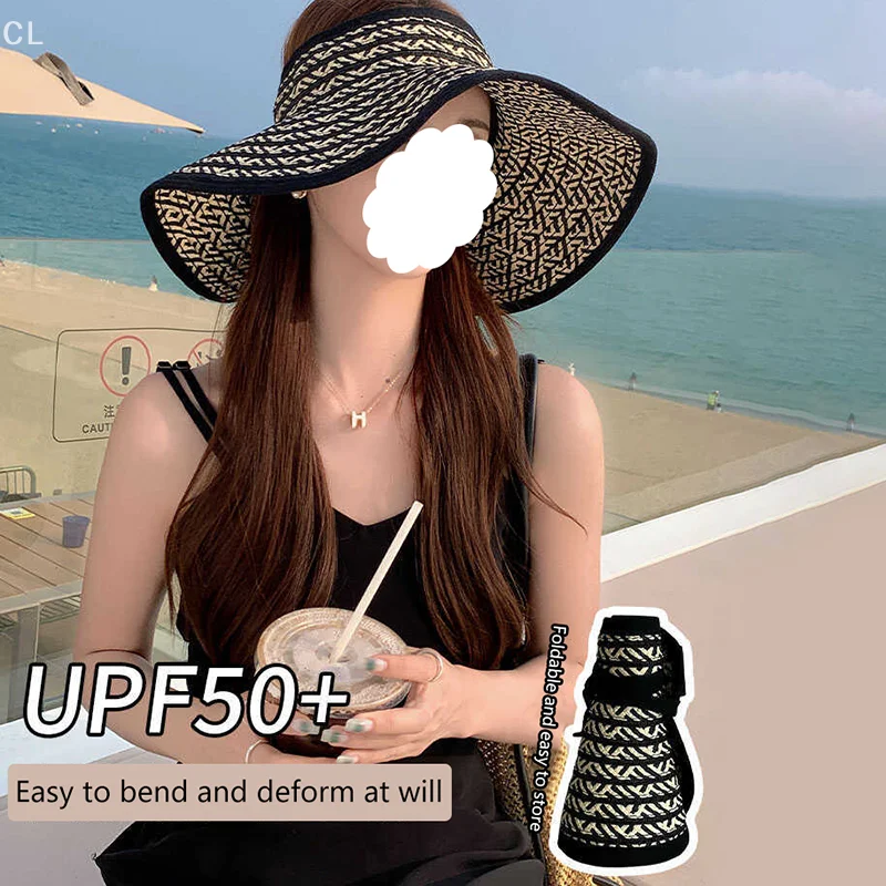 

Collapsible Sun Hat Summer Casual Empty Top Beach Hat Korean Striped Sun Hat With Large Brim