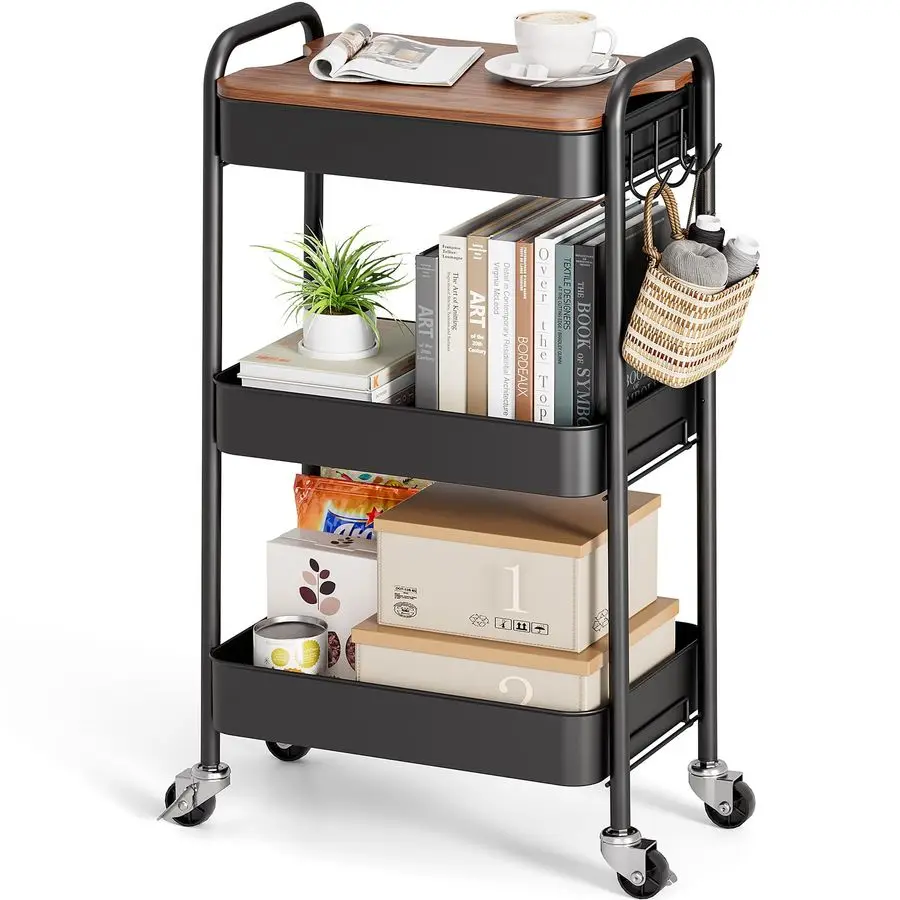 

3Tier Rolling Cart with Table Top, Metal Storage Cart on Wheels, Utility Organizer with Wooden Tray, Lockable Caste Customizable