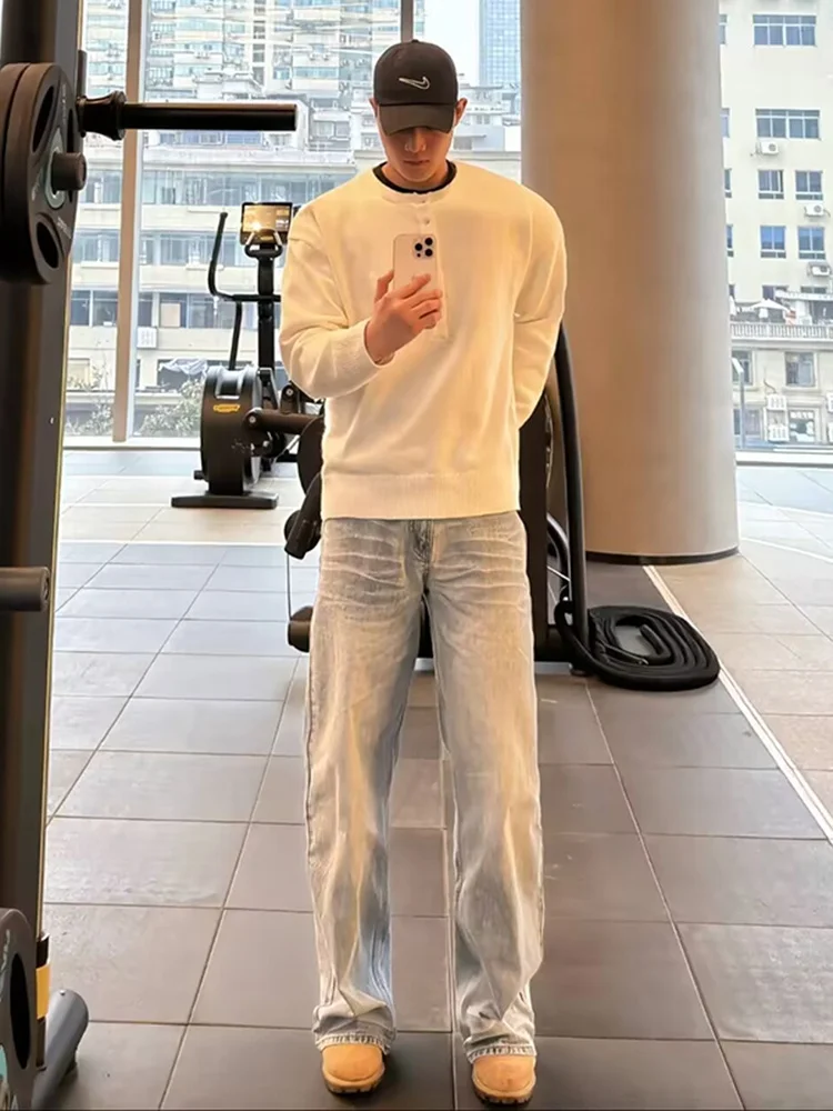 

Light Blue Men's Jeans Straight Leg Boots Matching Pants American High Street Sle Long Jeans Casual Youth Faion