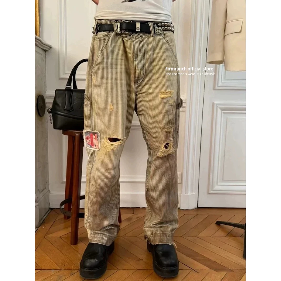 

Firmranch Новые мешковатые рваные джинсы в стиле ретро для мужчин и женщин, старые лоскутные джинсовые брюки High Street с широкими штанинами в прямую полоску