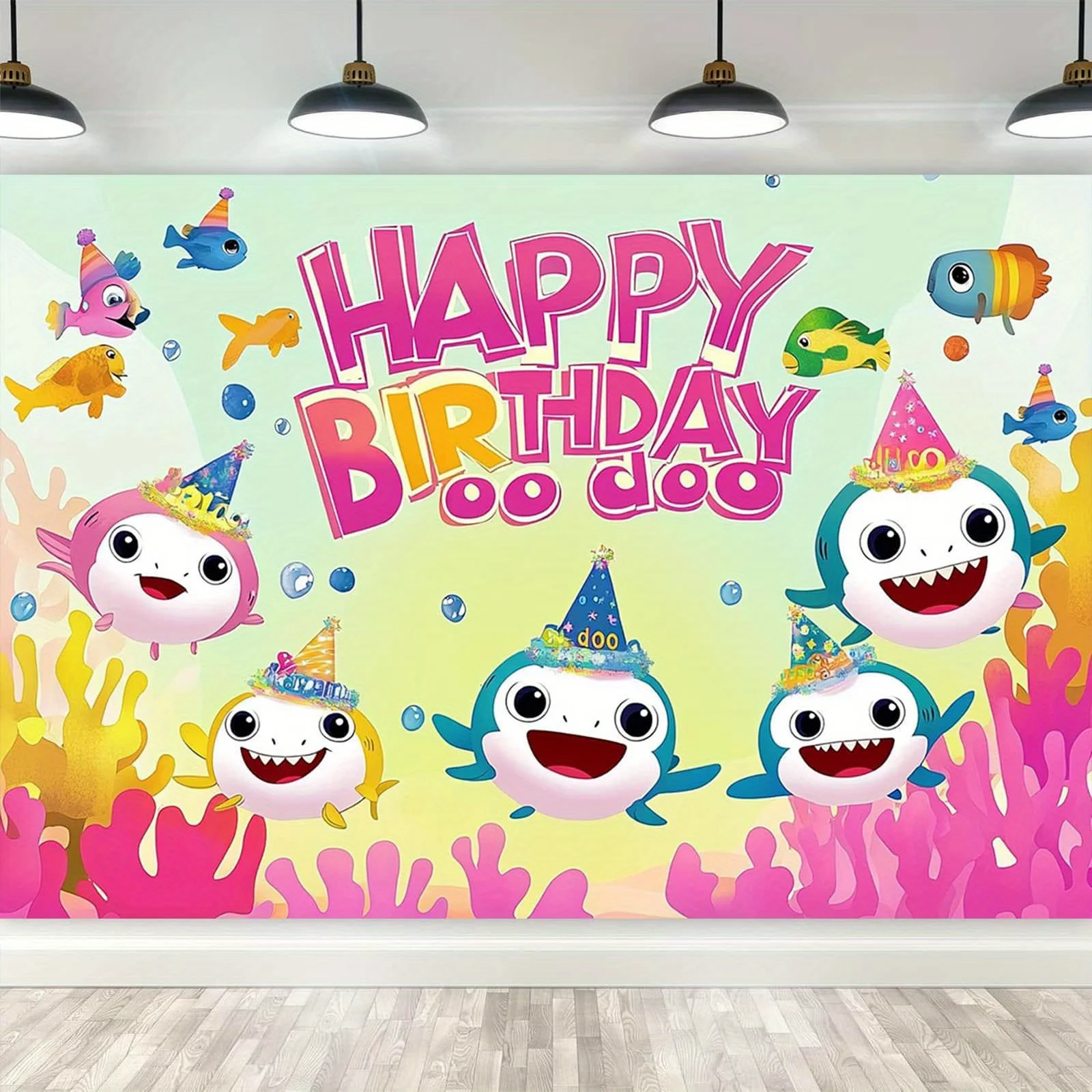 Ein Fotohintergrund mit Cartoon-Unterwasserwelt-Fischmotiv, geeignet für Geburtstage, Feiertage und Partys
