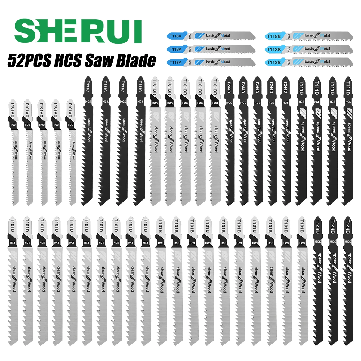 52pcs Jigsaw Blades Set T-Shaft HCS Assorted Jig Saw Blades for Wood Plastic Metal Cutting Woodworking Blade Hand Tool