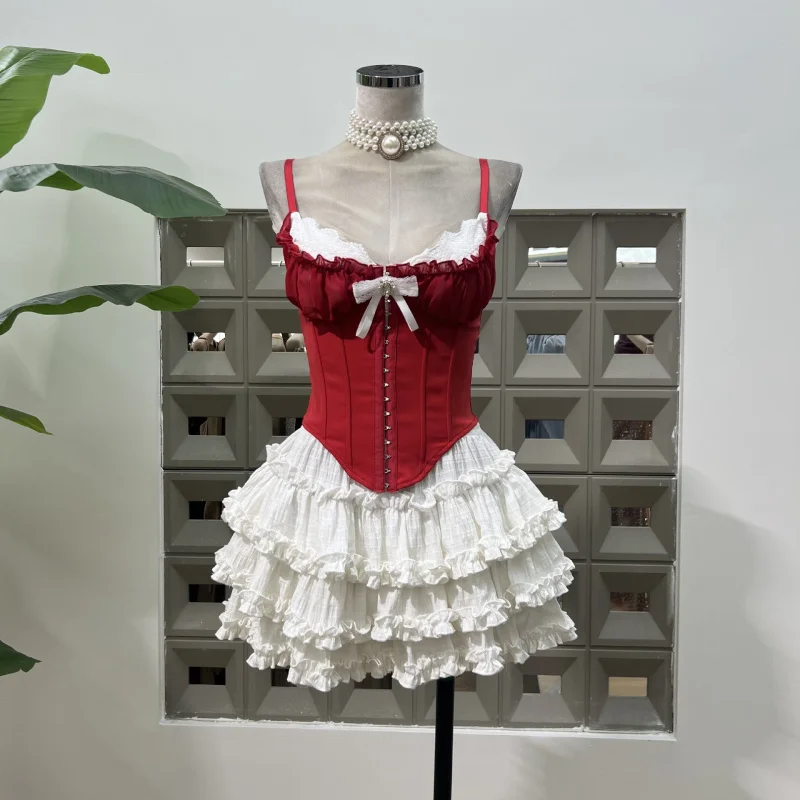 

Fishbone Slim Fit Strap Cake Girl Anti-Exposure Knitted Waist SkirtVCollared Cardigan Three-Piece Set