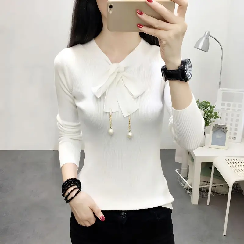 Fashion Solid Color Beading Lace Up Bow Blouses Women\'s Clothing 2023 Autumn Winter Knitted Elegant Tops Office Lady Shirts