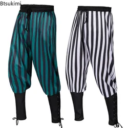 2026 Men's Vintage Stripe Pants Renaissance Medieval Gothic Trouser Caribbean Pirate Horseman Cosplay Costume Bandage Pants Male