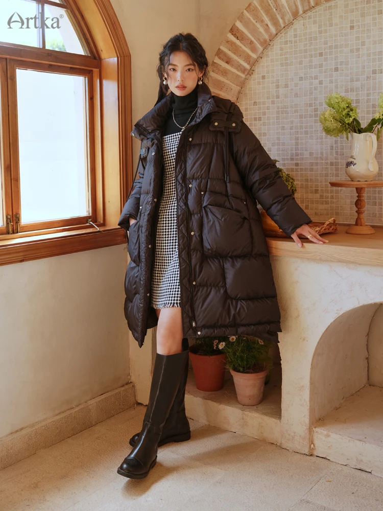 ARTKA 2022 Winter New Women Down Coat Fashion Casual Solid 90% White Duck Down Coat Midi Hooded Loose Warm Coat Female ZK92022D