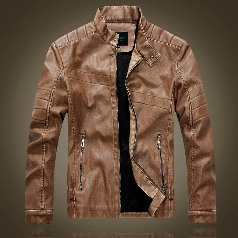

Winter Plush Standing Collar Men's Motorcycle Leather Jacket Punk Rock Windproof Business High-quality Leather Coat