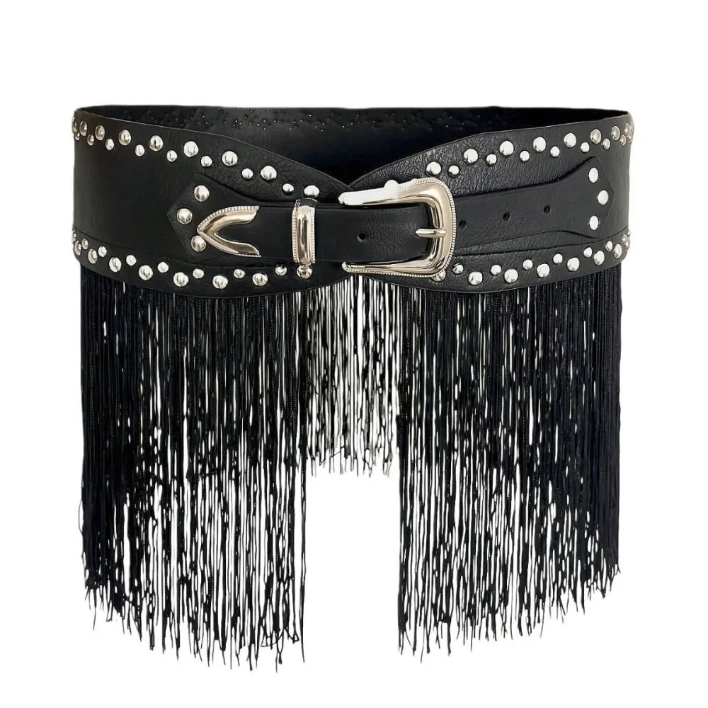 Spice Girl PU Leather Tassel Belt Vintage Patchwork Design Rivet Belt Western Cowboy Punk Style Waistbands High Street