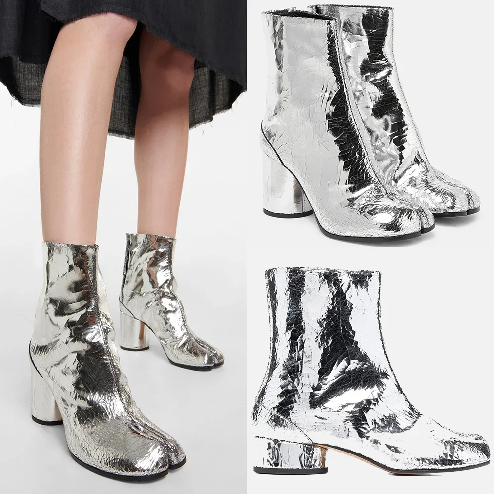 2024 Broken Mirror Silver Split Toe Tabi Shoes Genuine Leaher Ankle Boots for Women Luxury Brand Designer Chunky Heels Booties