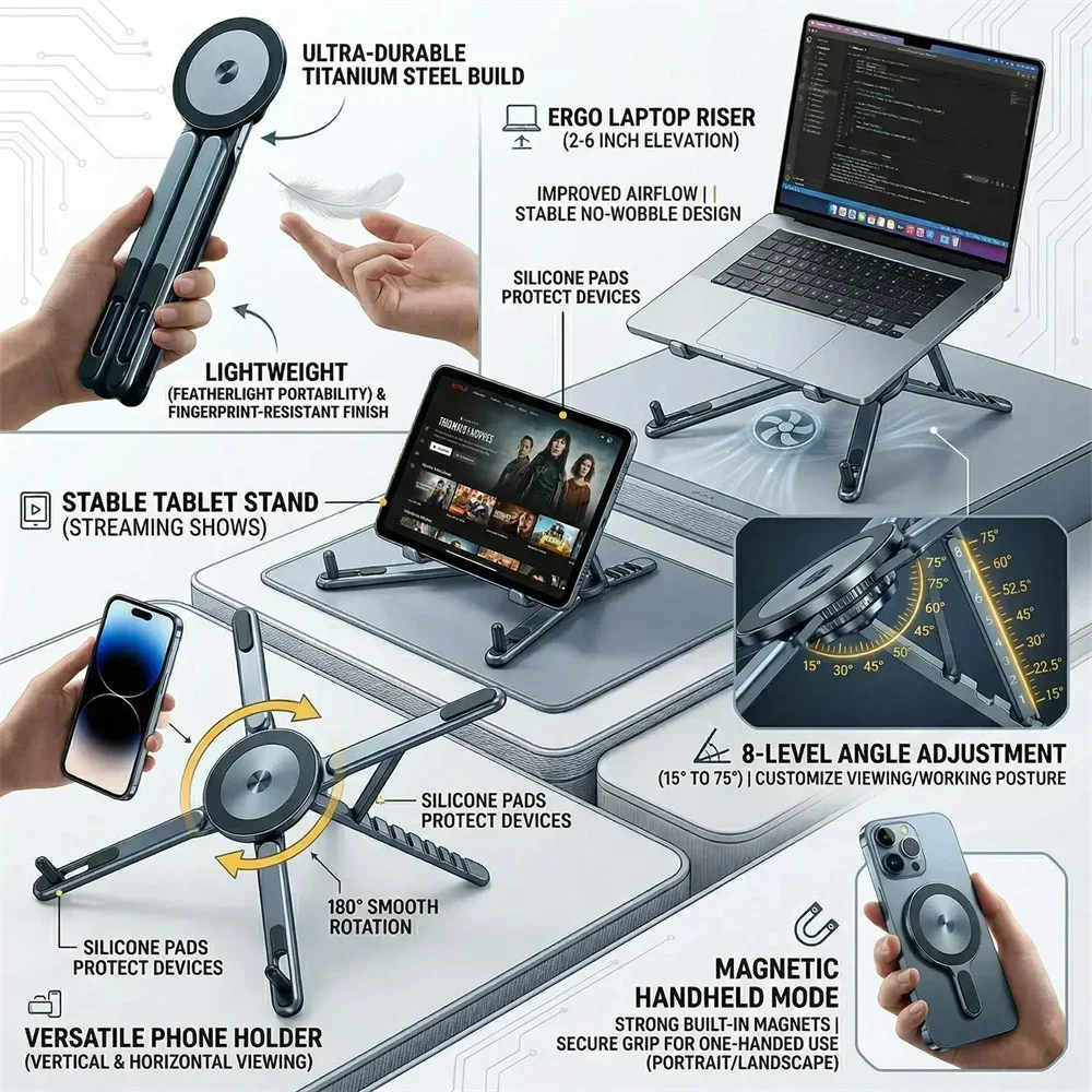 Laptop-Ständer aus Aluminiumlegierung, faltbar, magnetisch, Schreibtisch-Telefonhalter, tragbar, verstellbar, Selfie-Stick-Stativ für Telefon, Tablet, Laptop – Detail 3