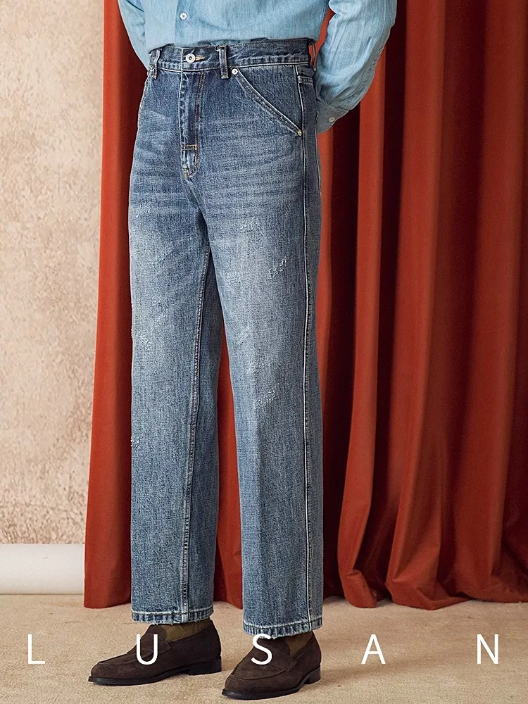 メンズ ウォッシュド ハイウエスト ジーンズ - 秋冬 レトロ フリンジ ライトカラー アメリカン ストレートレッグ