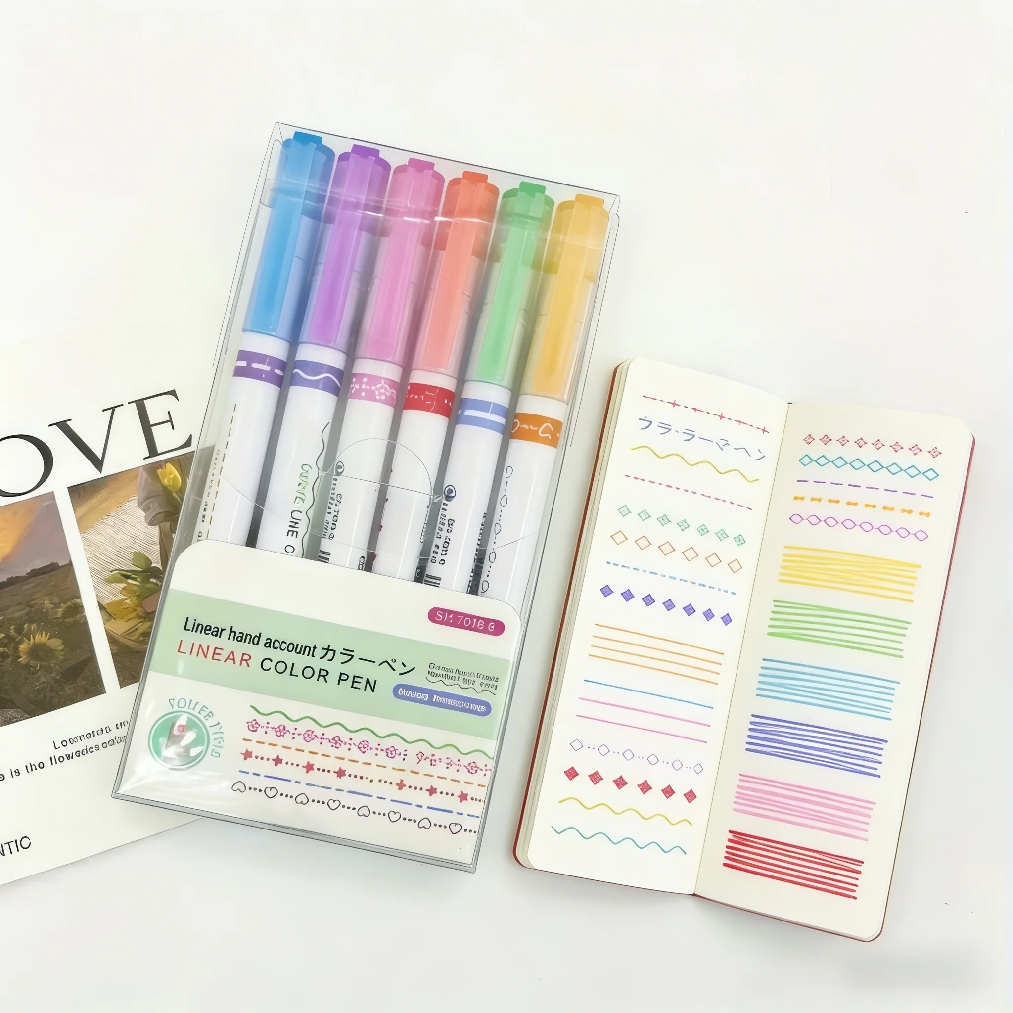 

6 контурных ручек в форме цветка (мягкие пастельные цвета): каждая из них создает уникальный декоративный линейный узор.