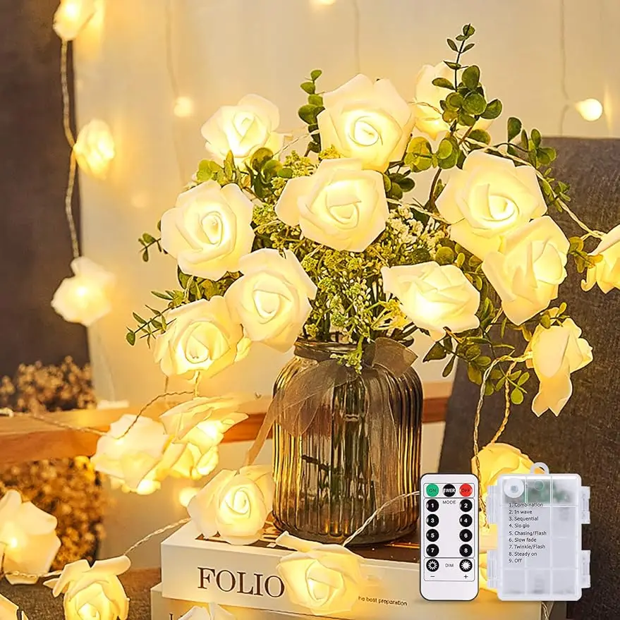 

Christmas Rose Lights, 16.4ft 30 LED Flower String Lights Battery Operated, 8 Modes Mothers Day Decor Flower Lights Ind