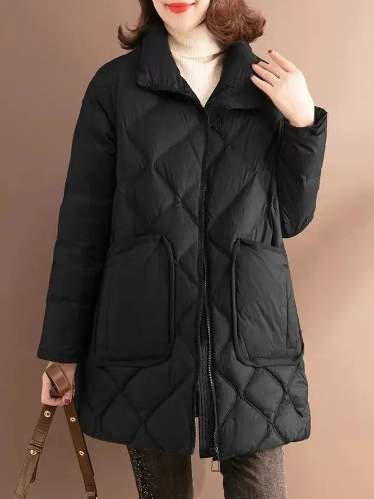 Oversized Lightweight Down Cotton Coats Winter Loose Mid-length Casual Basic Jaqueta Tops Korea Warm Classic Big Pocket Jackets