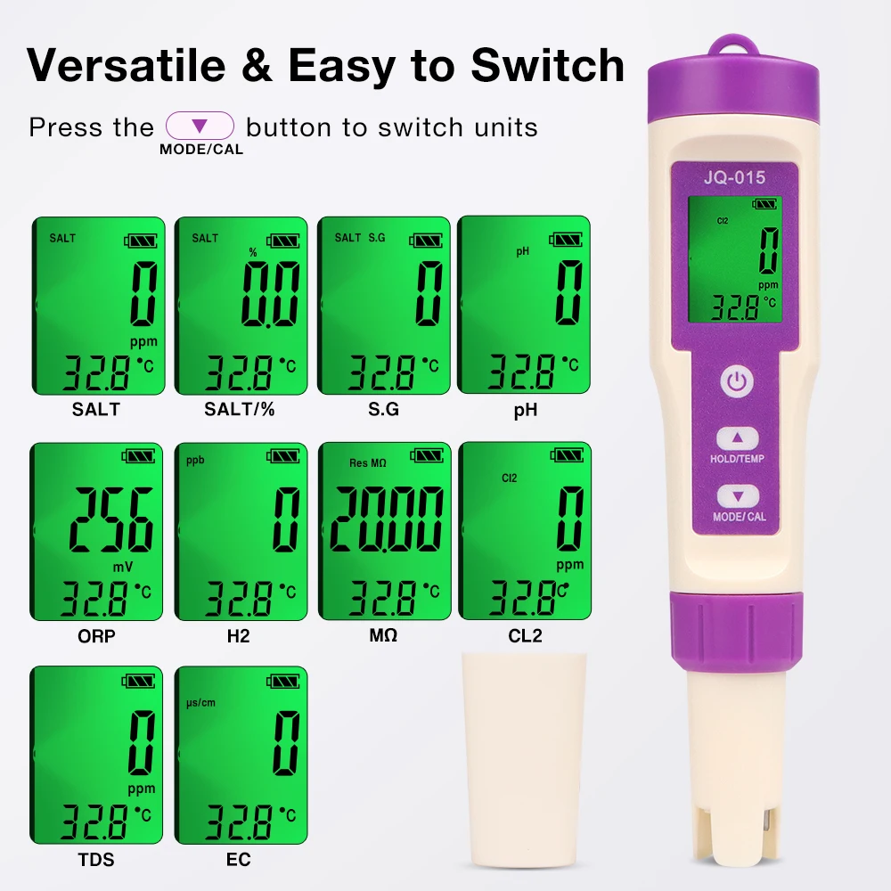 10 in 1 Water Quality Detector Chlorine Meter PH H2 TDS ORP TEMP CL2 S.G Salinity Ω.m Tester Spa Swimming Pool Chlorine Monitor