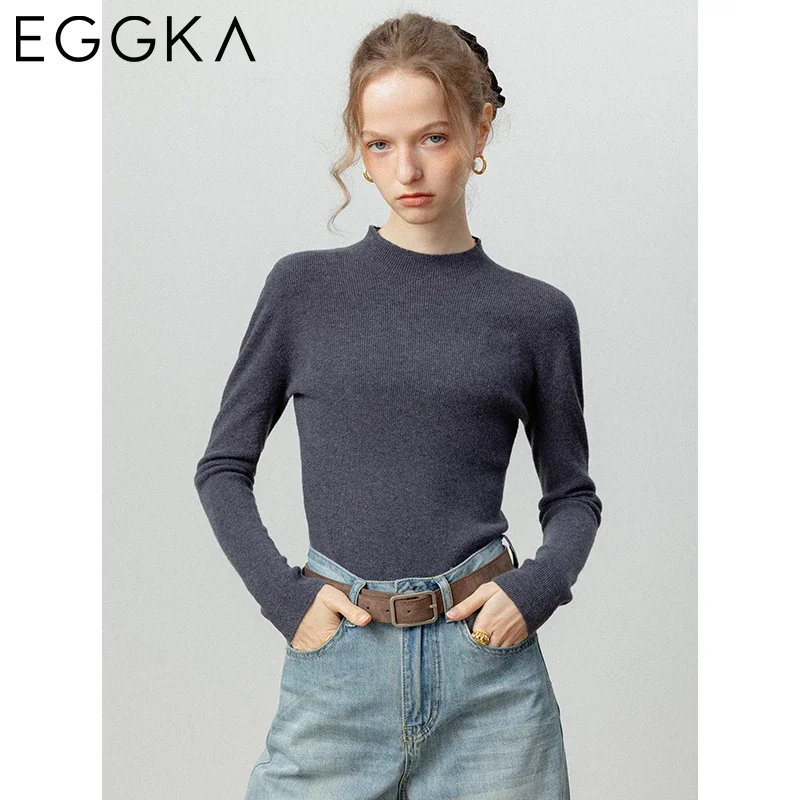 EGGKA Solid Long-sleeve Knitwear Women Basic Underwear Soft Slim Knit T-shirts Korean Fashion Autumn Turtleneck Tops Multi-color