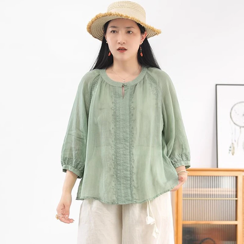 100% 린넨 여성 캐주얼 블라우스 셔츠 신상 2025 여름 빈티지 스타일 플로럴 자수 루즈핏 여성 탑 셔츠 T700